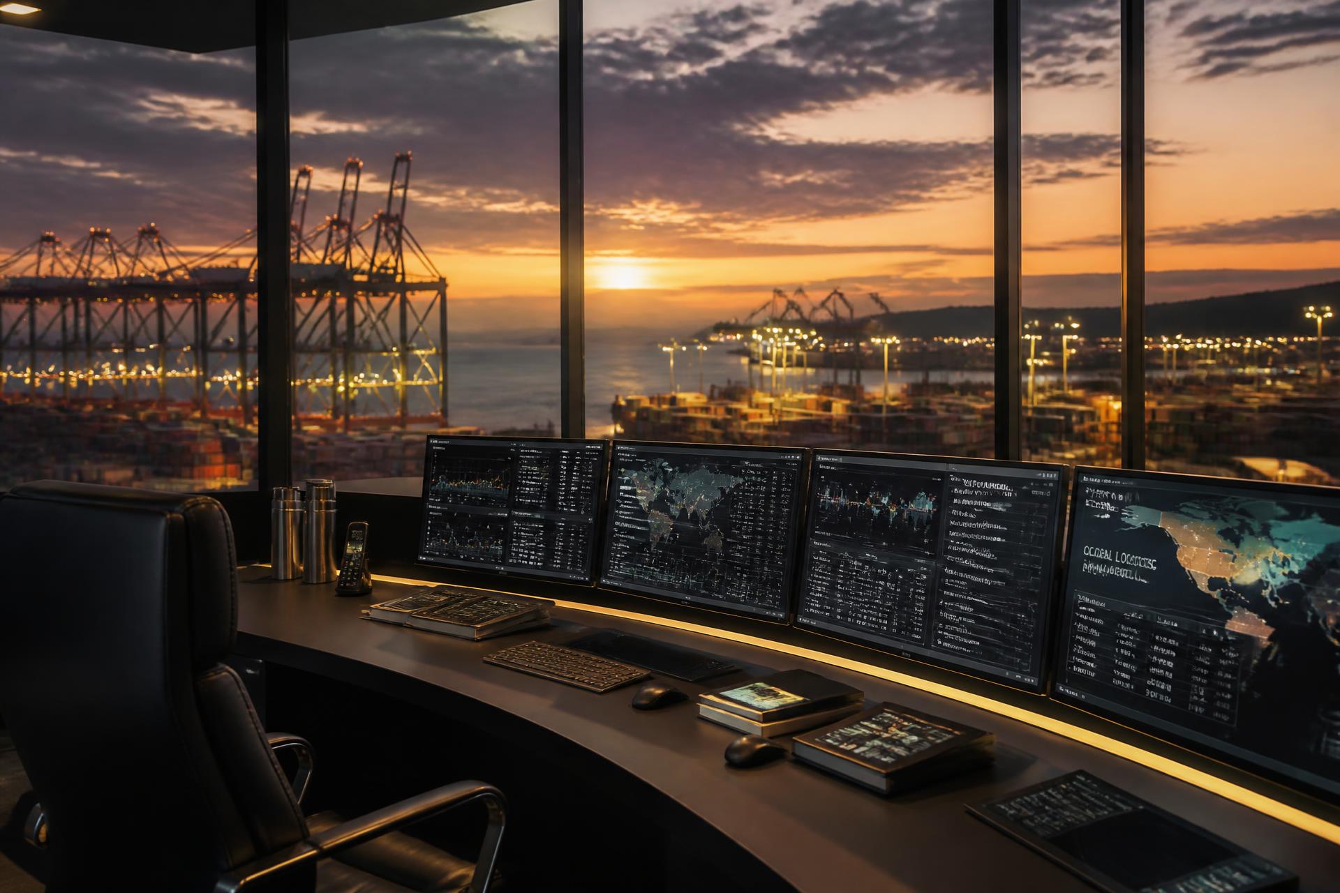 Logistics control tower overlooking an illuminated port at dusk